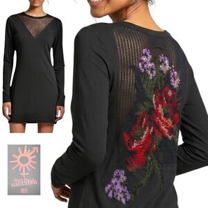 JEAN PAUL GAULTIER Black Fuzzi Knit Floral Embroidered Mesh Sweater Mini Dress